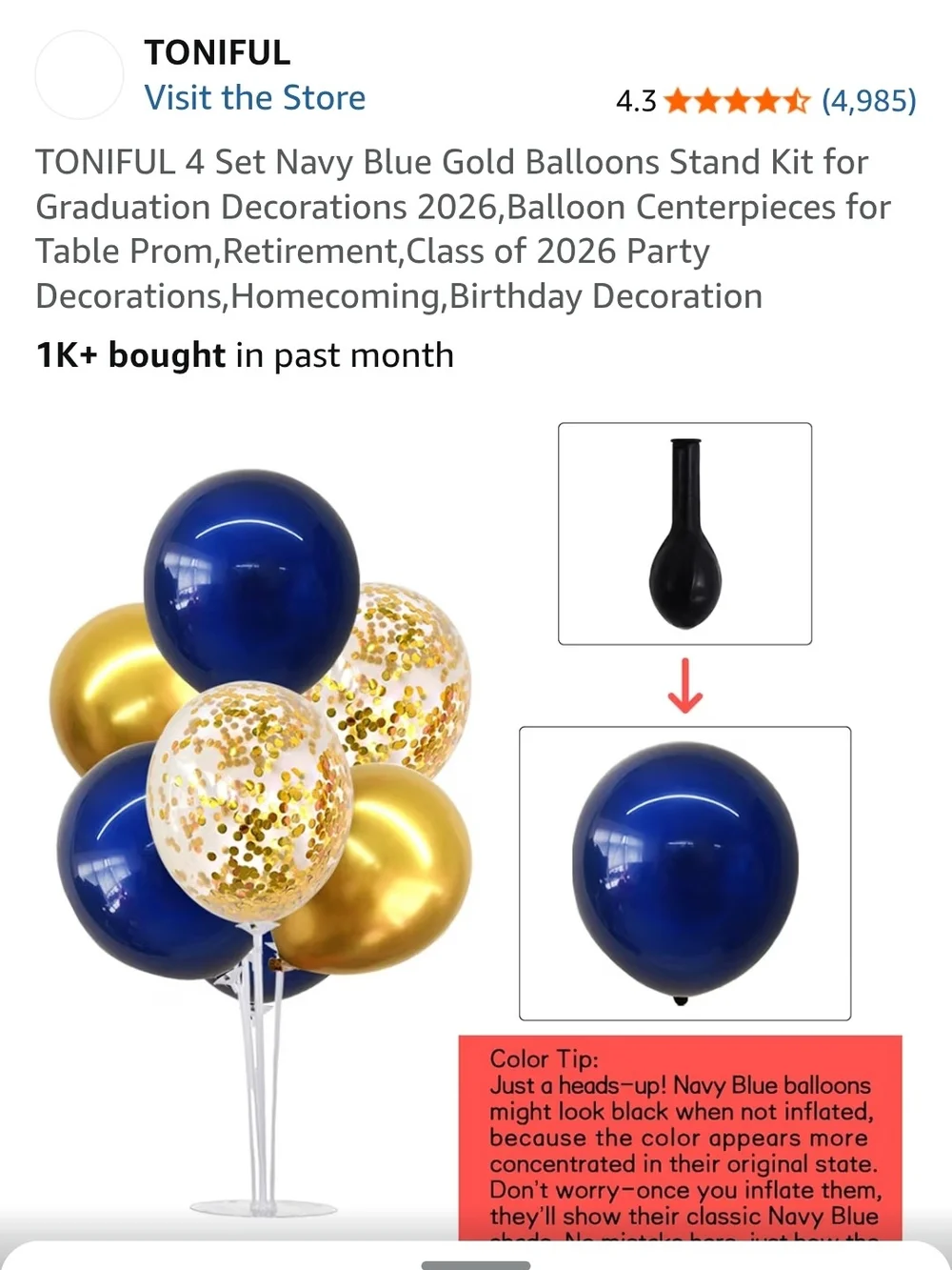 Navy Blue and Gold Balloon Centerpiece Set - 4 Pack